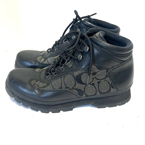 VTG Coach Women’s 7.5 Black Leather Monogram Hiking Boots Chunky Gorpcore Y2K - Picture 1 of 11